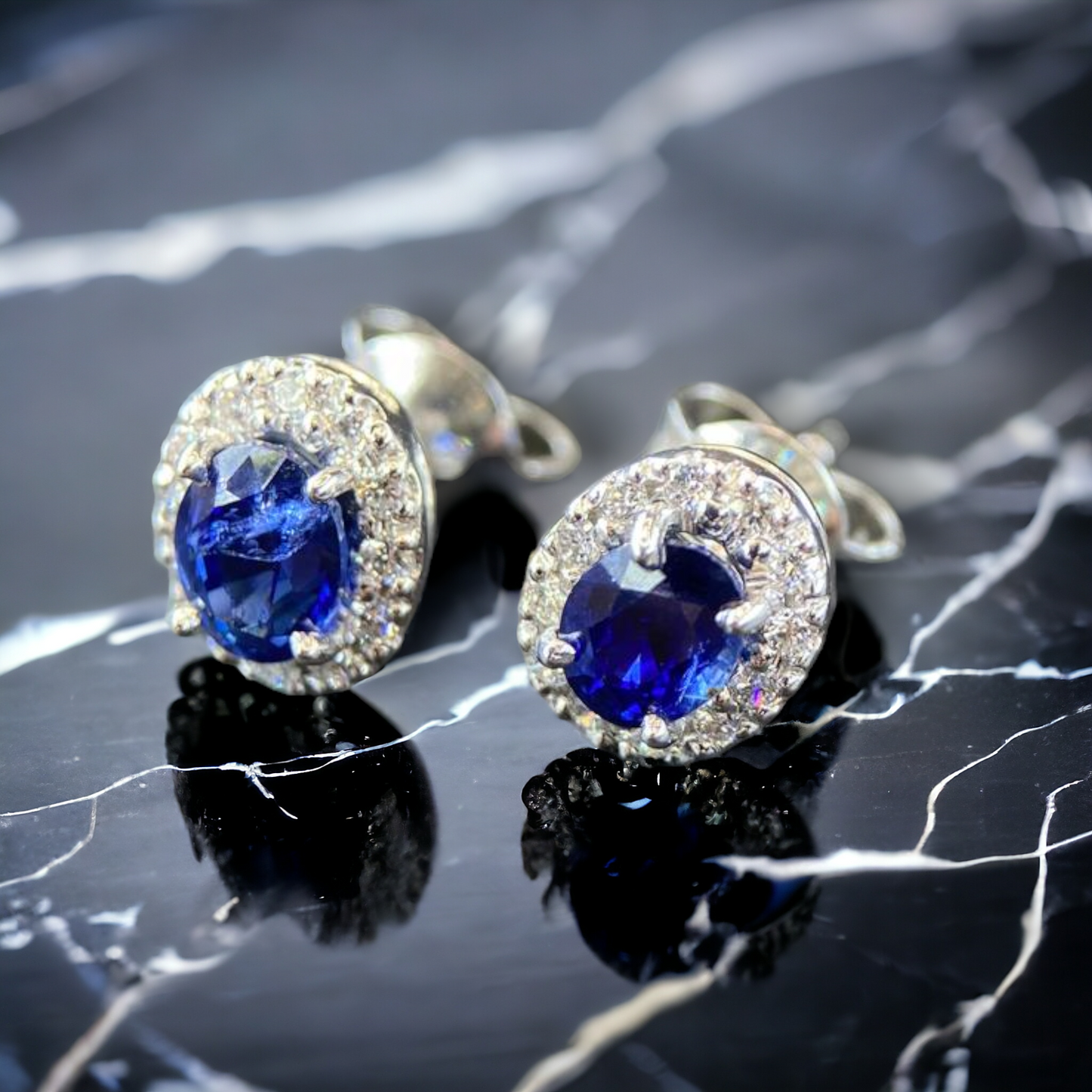Handmade 18K white gold earrings 1.69 ct. natural Royal blue Sapphires, unheated & natural Vvs1 quality Diamonds.