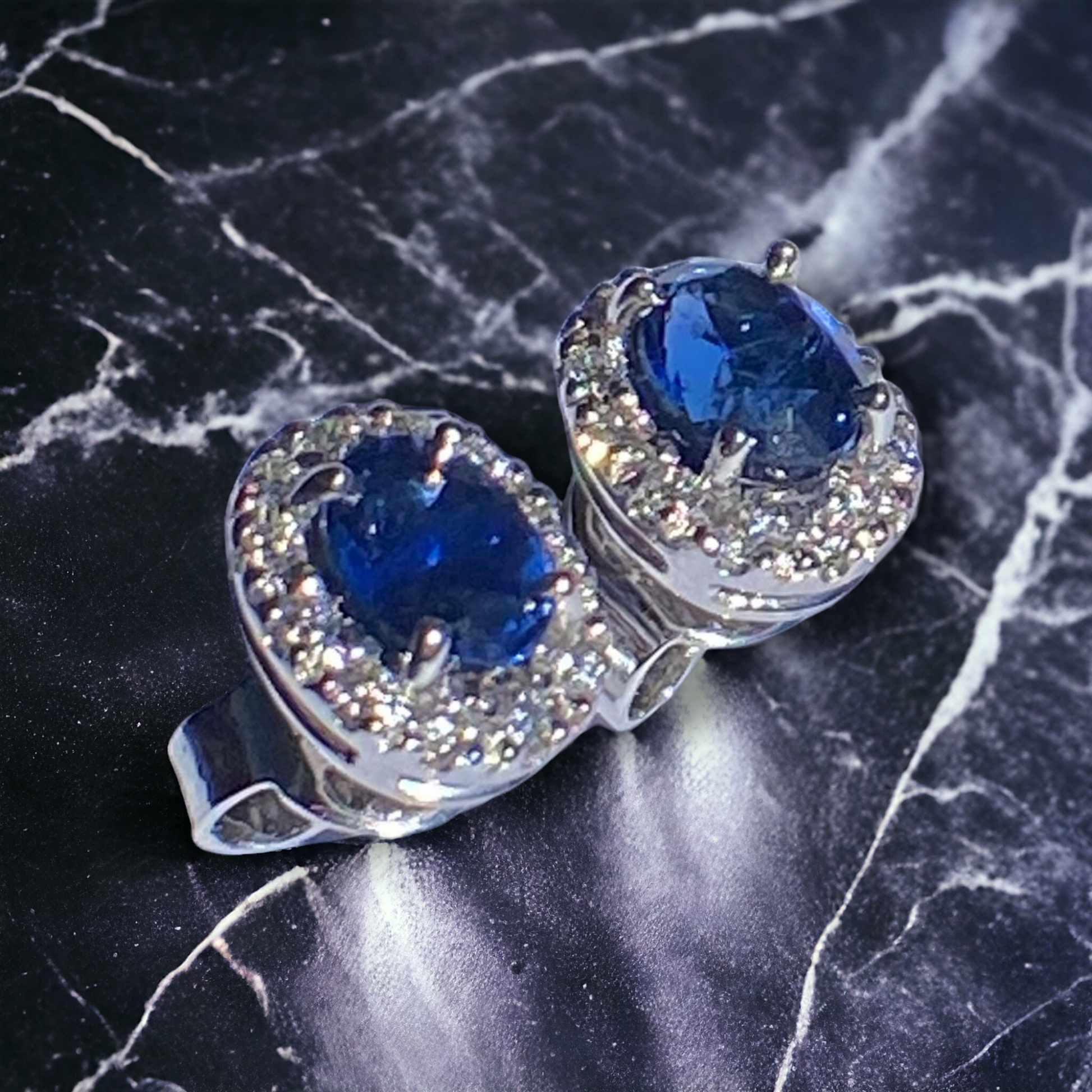Handmade 18K white gold earrings 1.69 ct. natural Royal blue Sapphires, unheated & natural Vvs1 quality Diamonds.